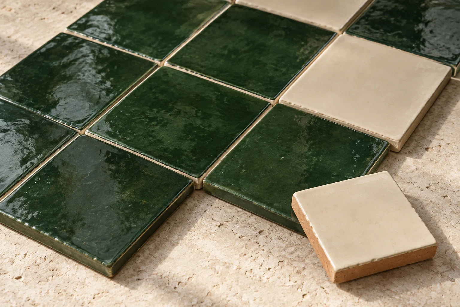 Close study of forest-green and warm ivory zellige with subtle glaze variation and visible clay edges.