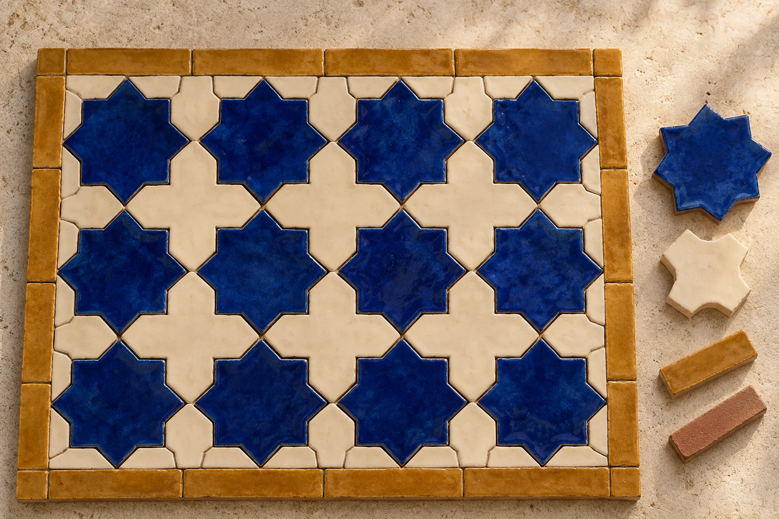 Material study of cobalt stars, ivory cross pieces and ochre finishing strips arranged on a stone-colored surface.
