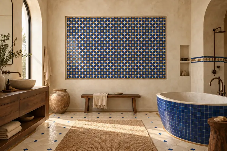 Cobalt star feature wall, ivory cabochon floor, blue tiled bath and a restrained shower dado.